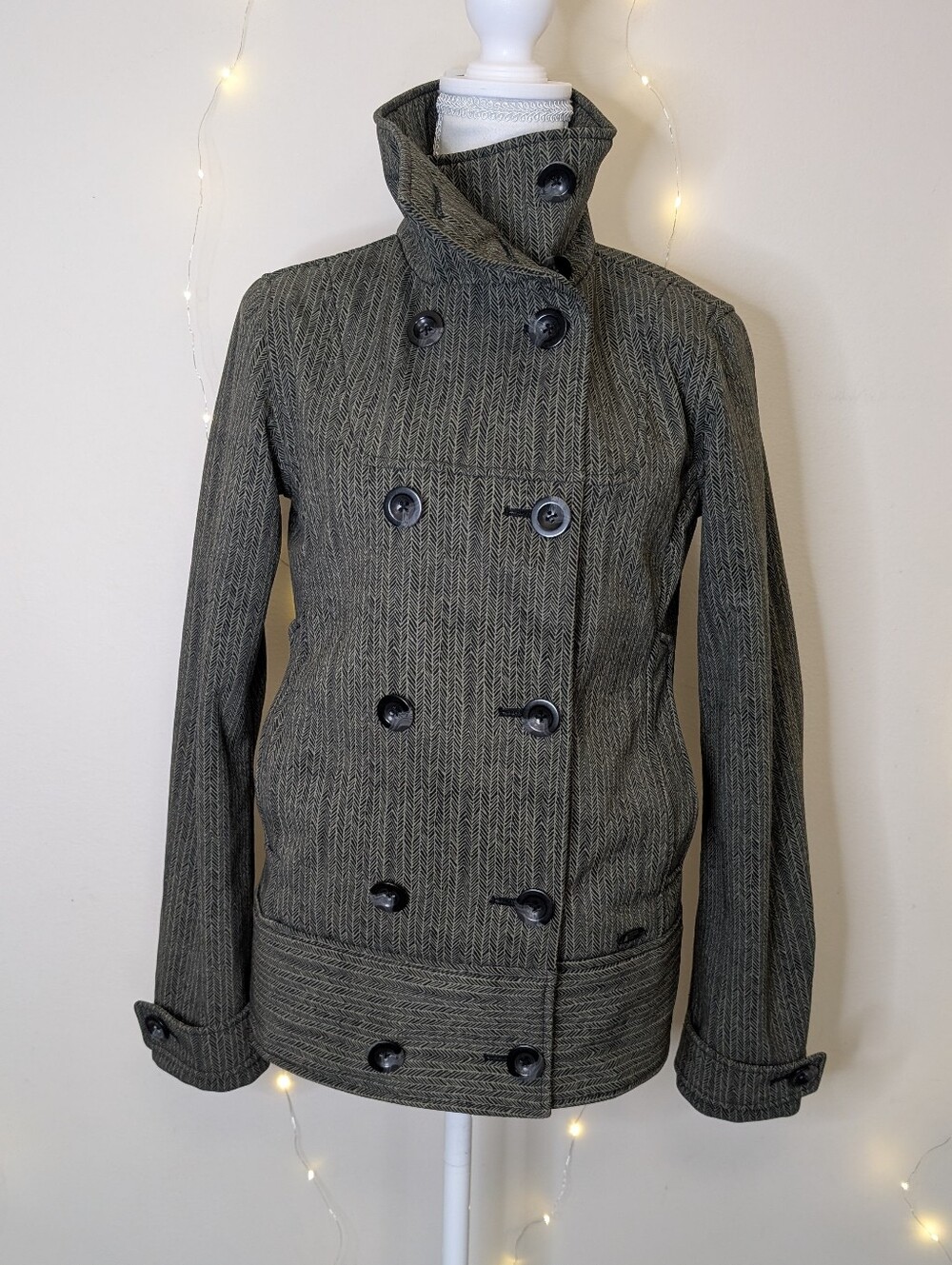 MEC Olive Herringbone Double Breasted Fleece Lined Coat XS